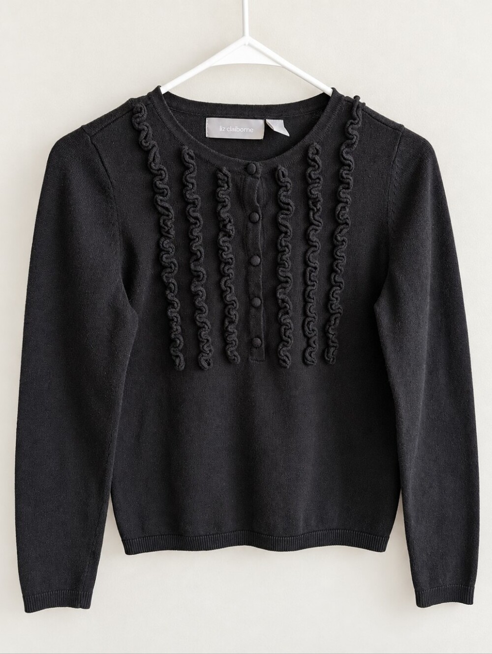 Liz Claiborne Black Ruffle-Pleat Front Crewneck Sweater